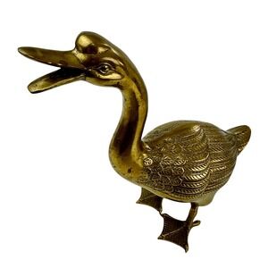 Vintage Large Brass Honking Goose Statue Etched Feather Detail Duck MCM 12" tall